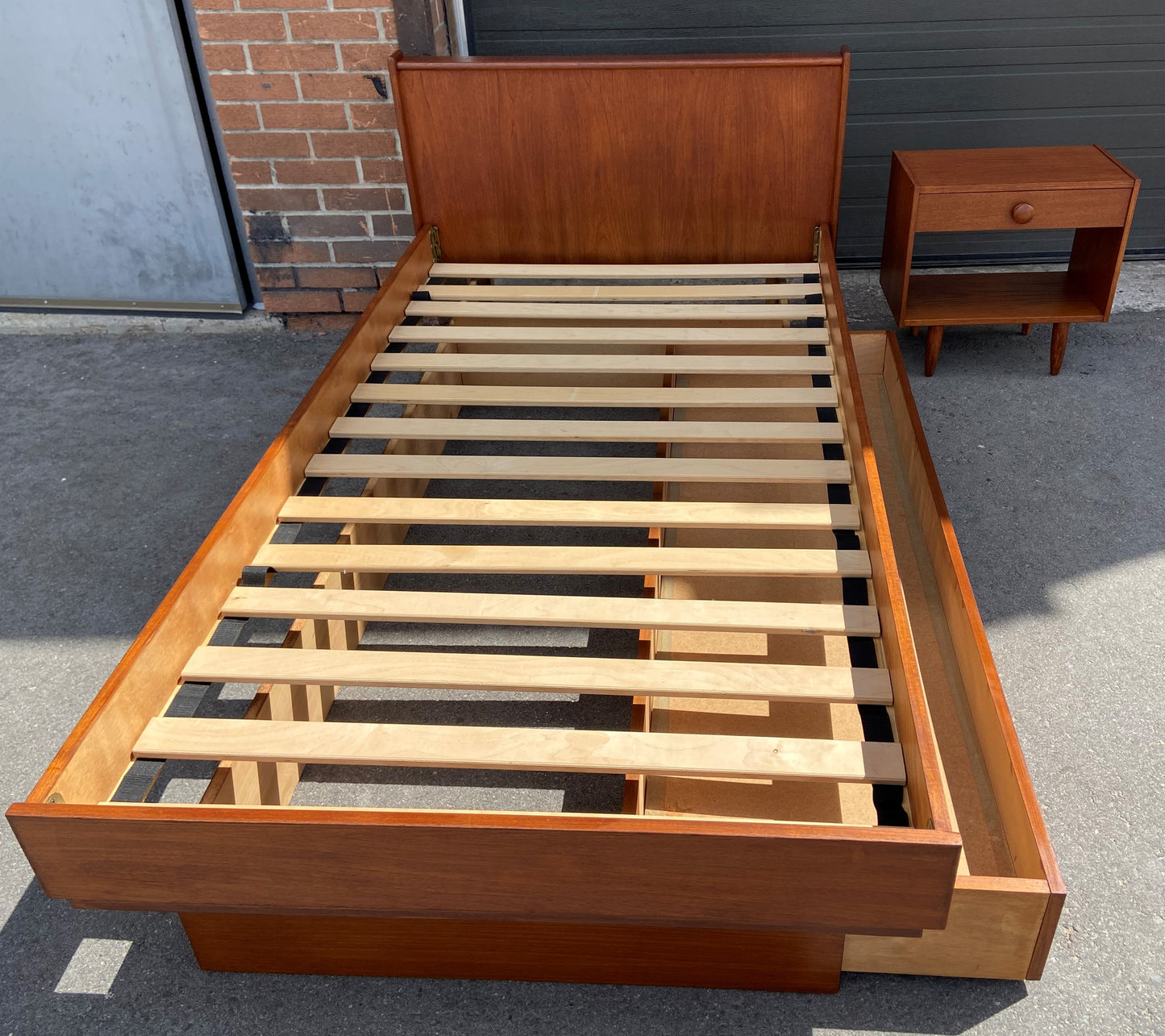 REFINISHED MCM Teak Platform Bed Single w Storage Drawer & Nightstand, Perfect