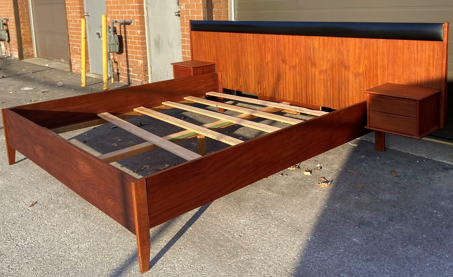REFINISHED Danish MCM Teak Bed King w Floating Nightstands, PERFECT