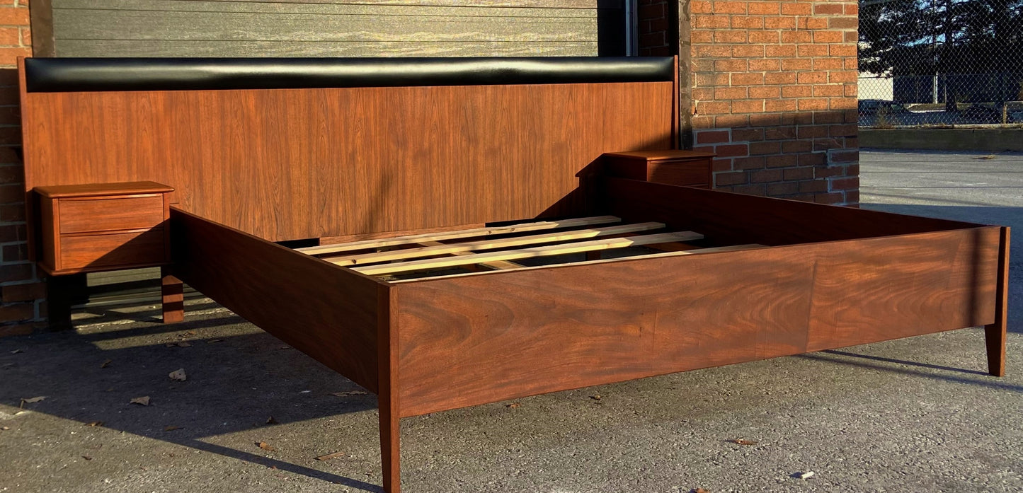 REFINISHED Danish MCM Teak Bed King w Floating Nightstands, PERFECT