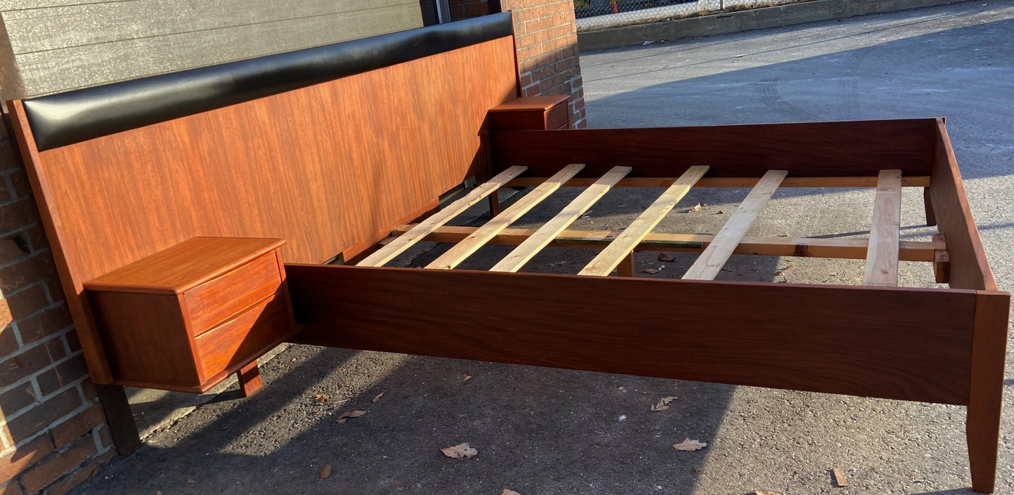 REFINISHED Danish MCM Teak Bed King w Floating Nightstands, PERFECT