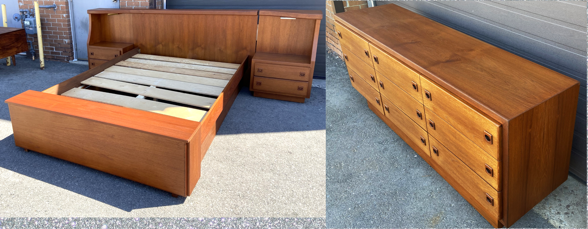REFINISHED MCM Teak Queen Bed, Nightstands, Blanket Box & Dresser 9 Drawers