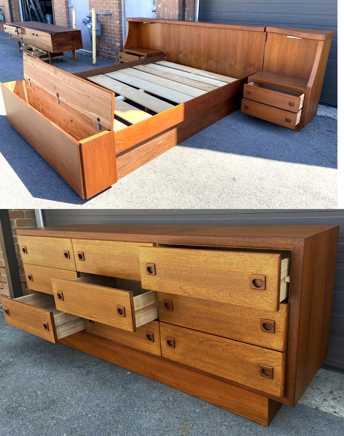 REFINISHED MCM Teak Queen Bed, Nightstands, Blanket Box & Dresser 9 Drawers
