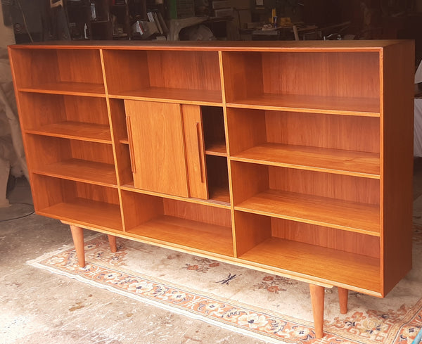 RESTORED MCM teak bookcase display w sliding doors 90" - Mid Century Modern Toronto