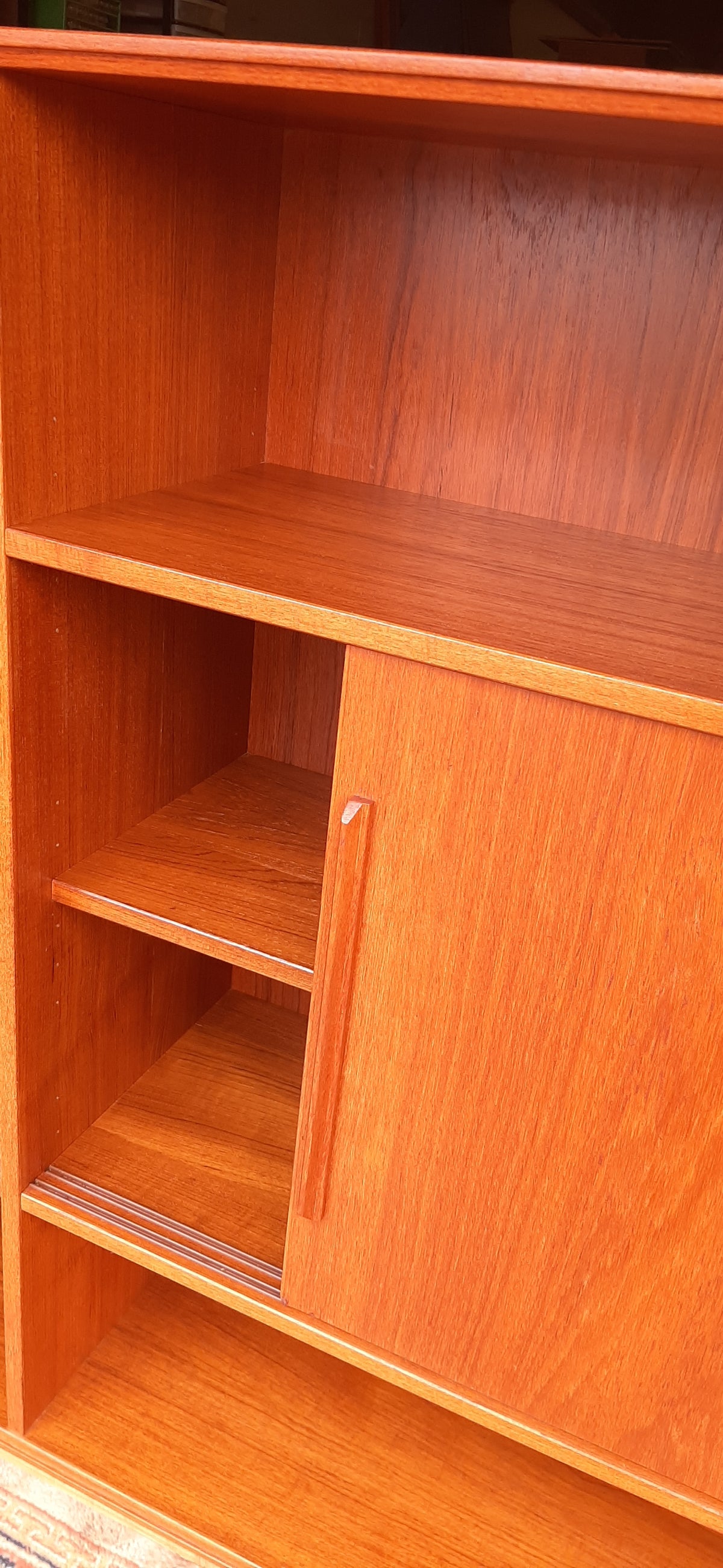 RESTORED MCM teak bookcase display w sliding doors 90