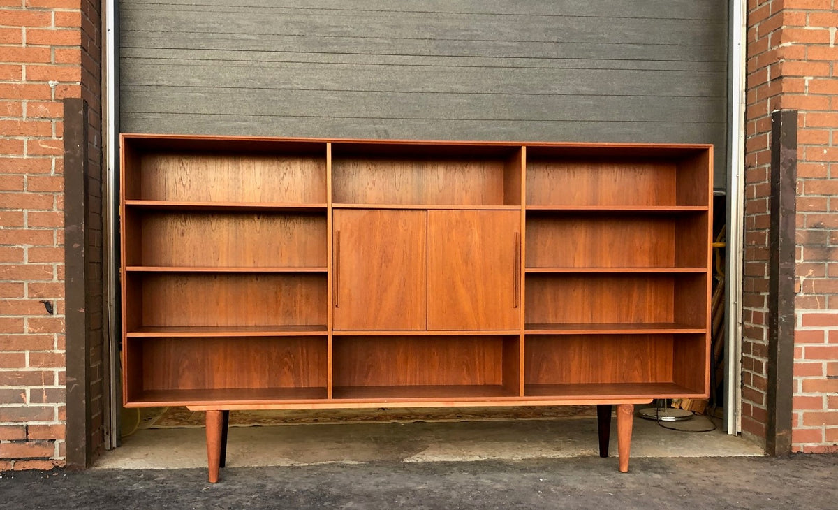 RESTORED MCM teak bookcase display w sliding doors 90