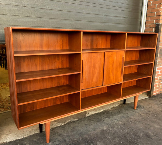RESTORED MCM teak bookcase display w sliding doors 90" - Mid Century Modern Toronto