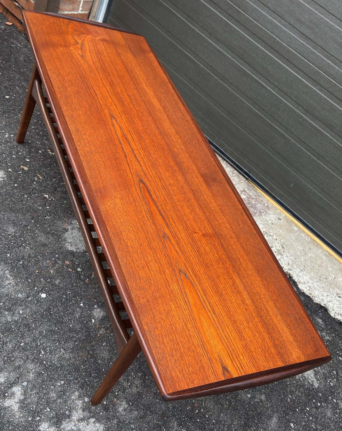 REFINISHED Mid Century Modern Sufboard Teak Coffee Table w Shelf 60", Perfect