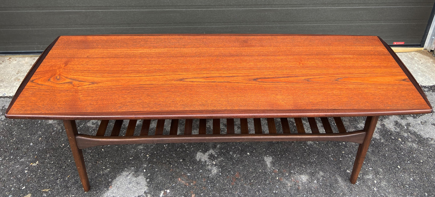 REFINISHED Mid Century Modern Sufboard Teak Coffee Table w Shelf 60", Perfect