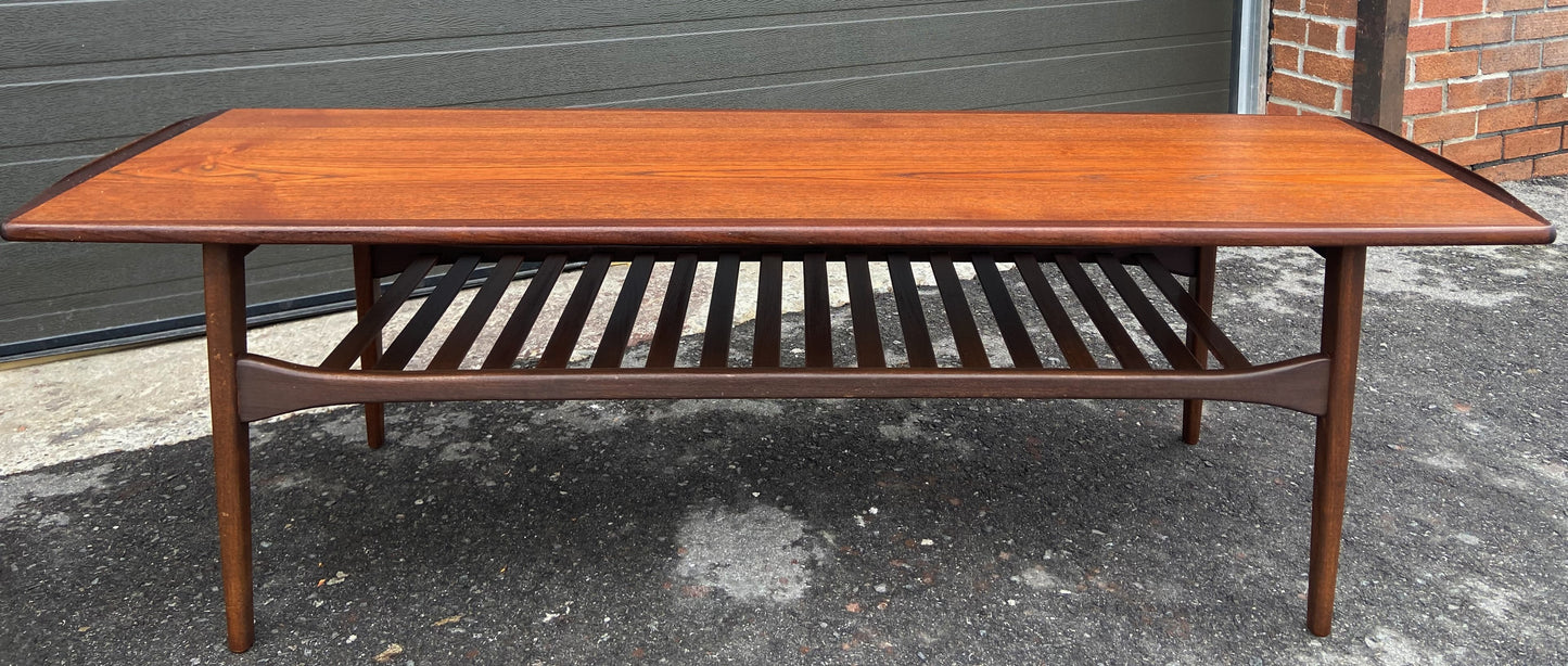 REFINISHED Mid Century Modern Sufboard Teak Coffee Table w Shelf 60", Perfect