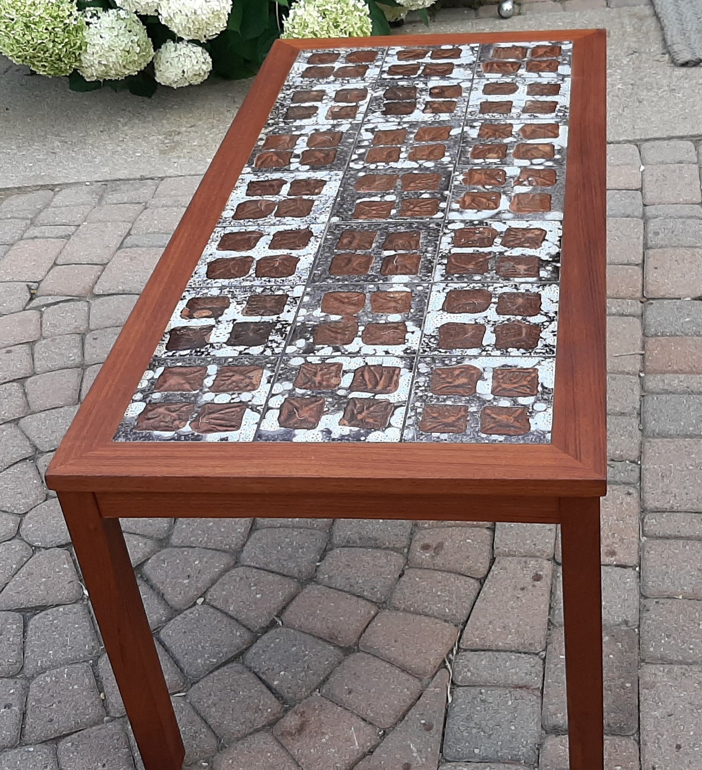 REFINISHED Danish MCM teak coffee table with tile inlay 47 x 22", PERFECT