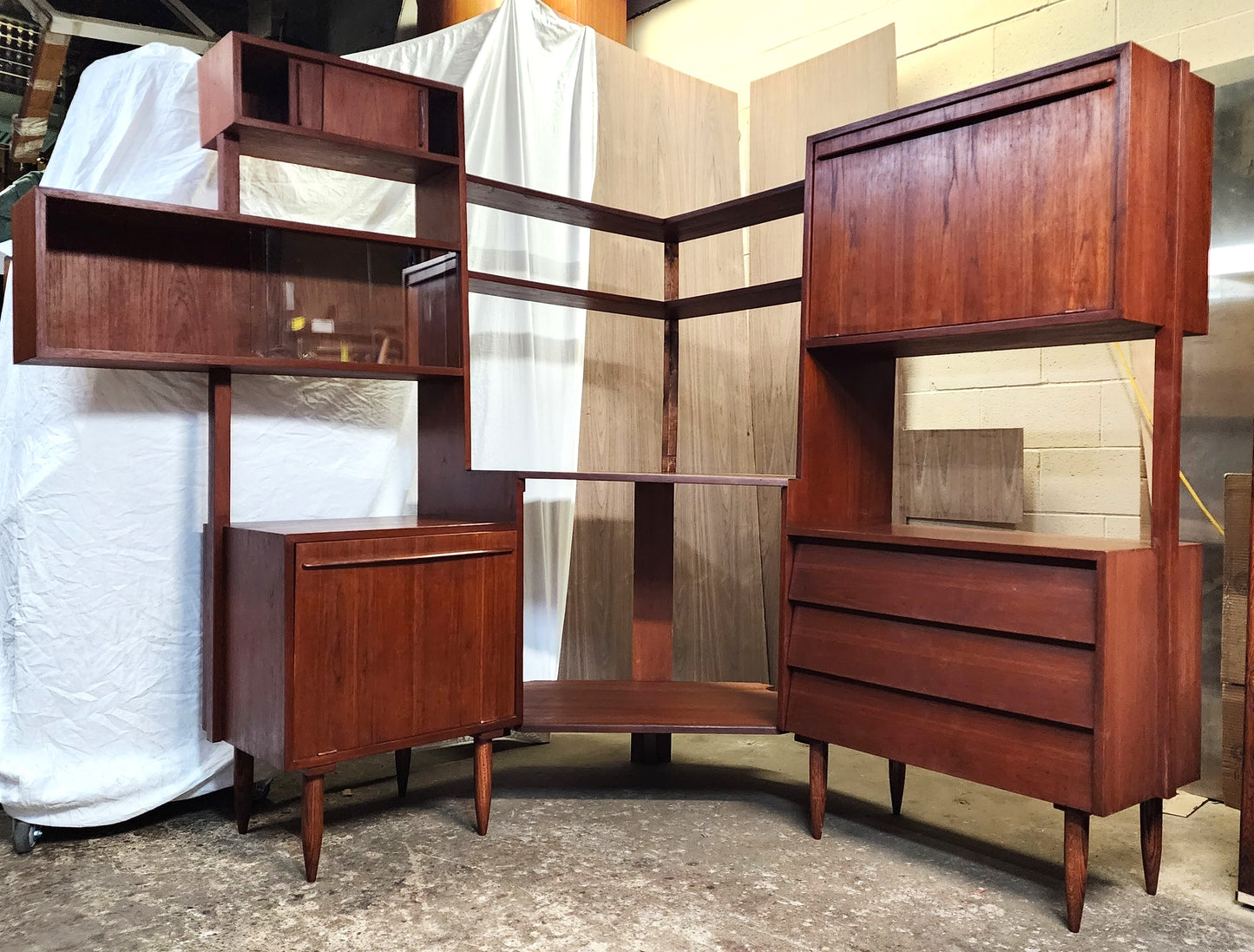REFINISHED Mid Century Modern Teak Corner Multi-Cabinet Storage & Display System