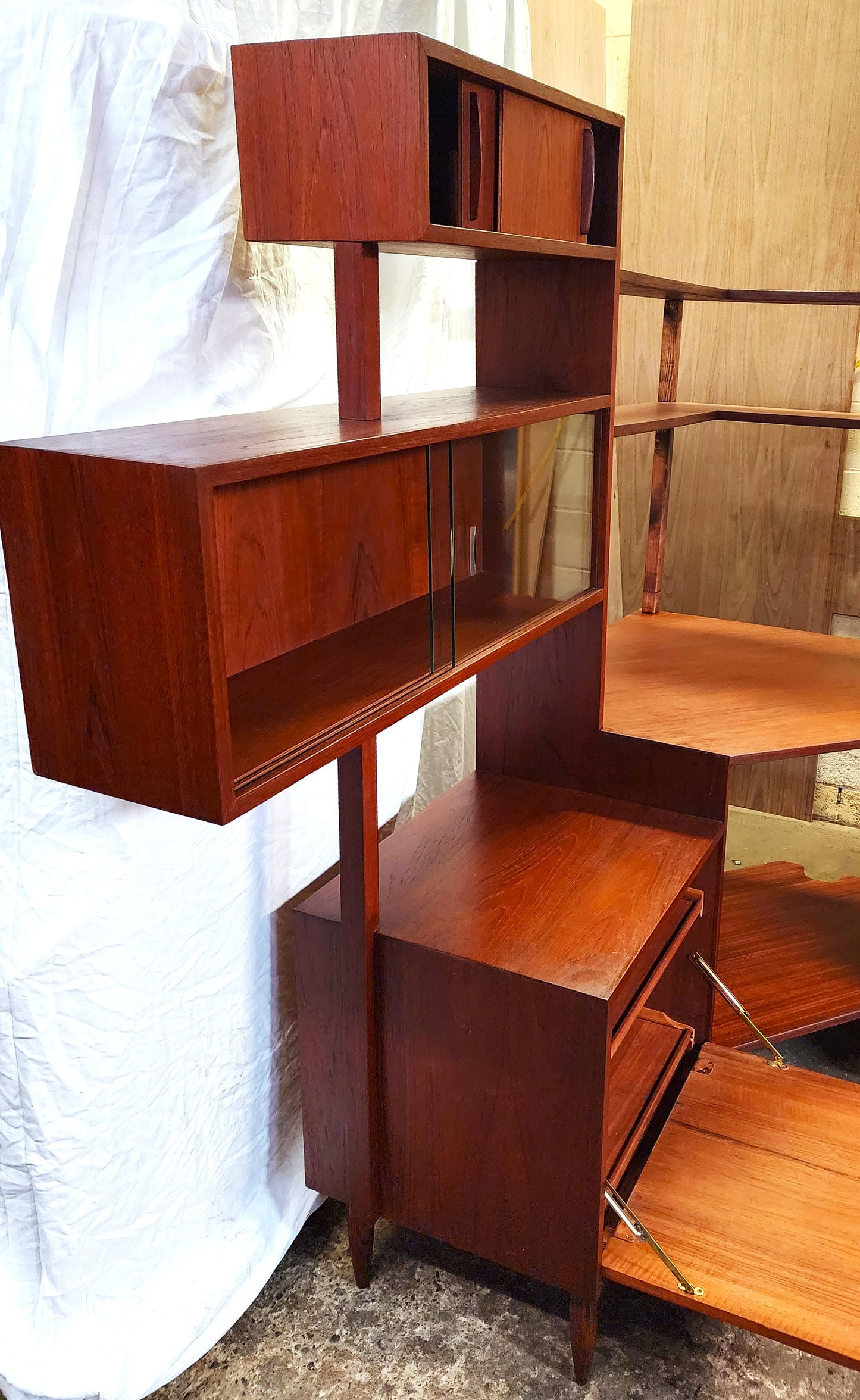 REFINISHED Mid Century Modern Teak Corner Multi-Cabinet Storage & Display System