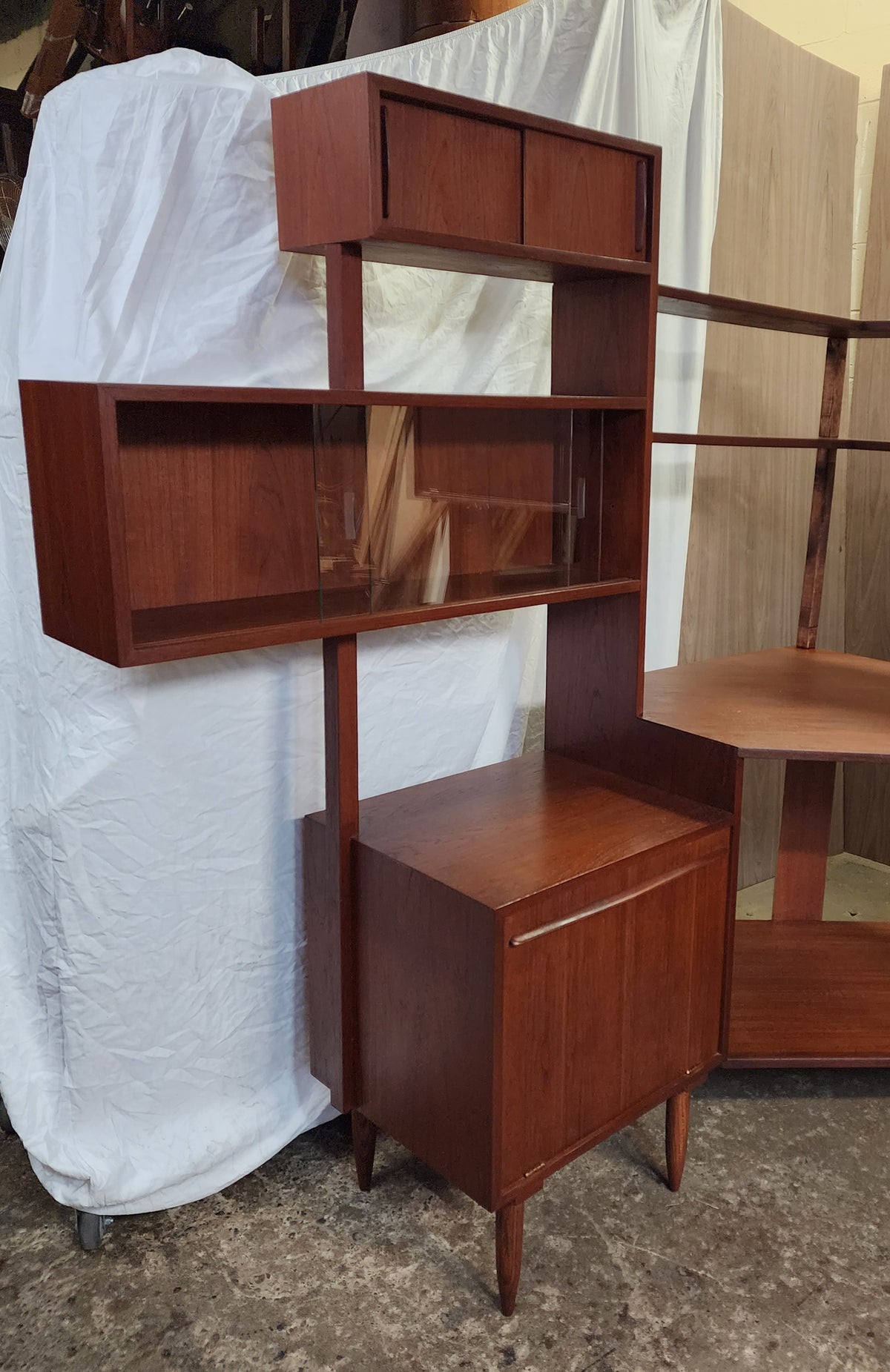 REFINISHED Mid Century Modern Teak Corner Multi-Cabinet Storage & Display System