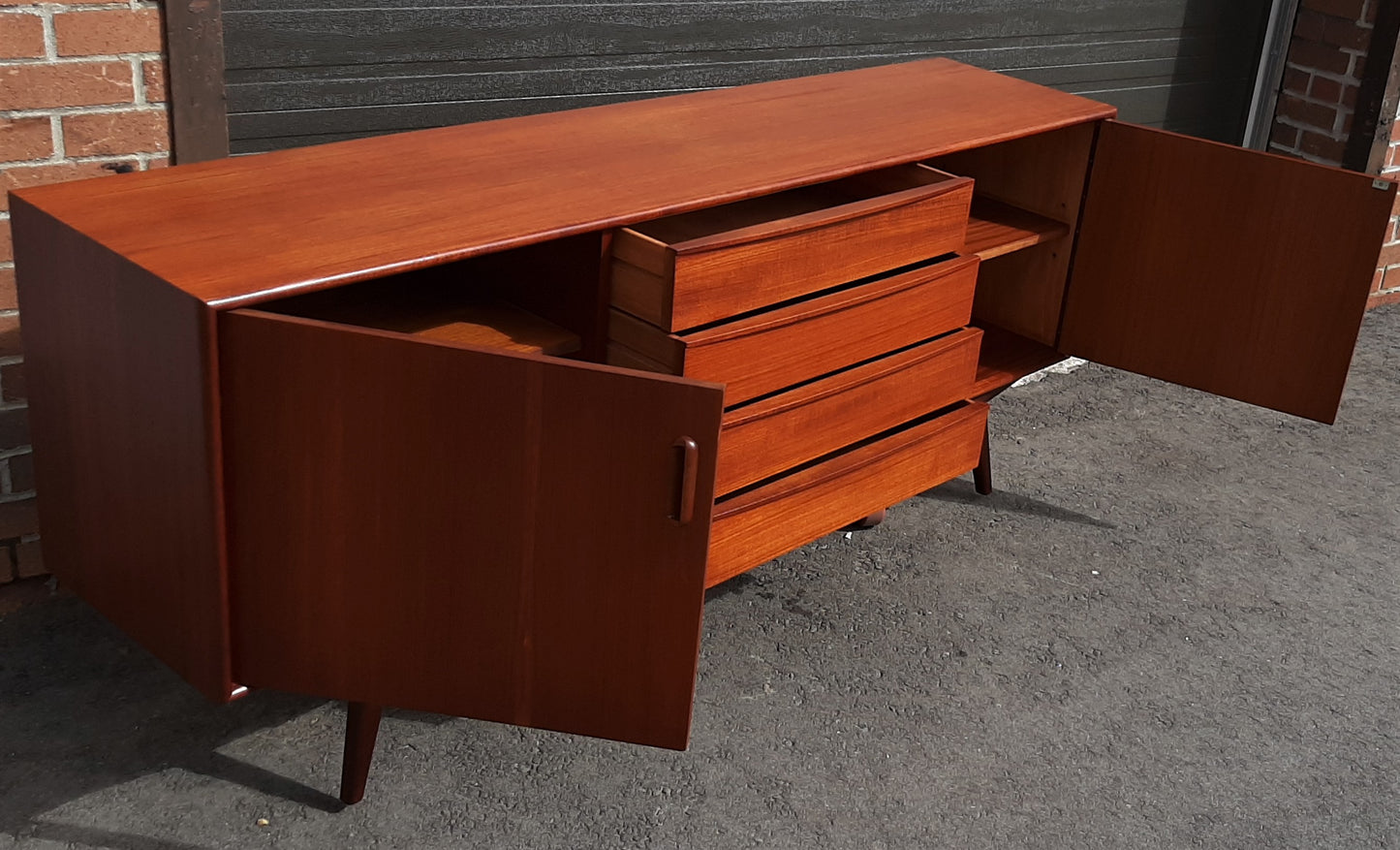 REFINISHED Danish MCM Teak sideboard Credenza TV Console 6 ft, narrow, PERFECT