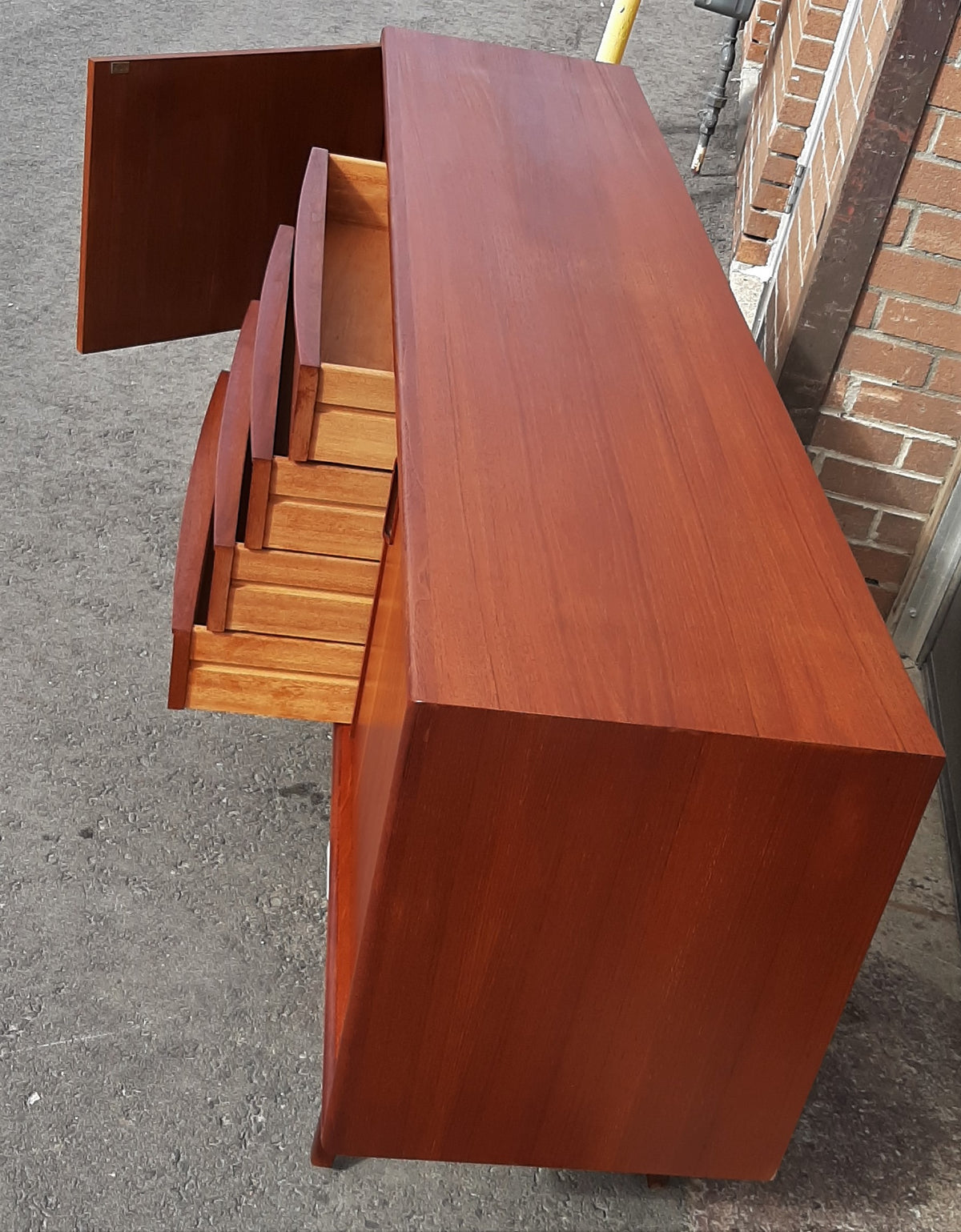 REFINISHED Danish MCM Teak sideboard Credenza TV Console 6 ft, narrow, PERFECT