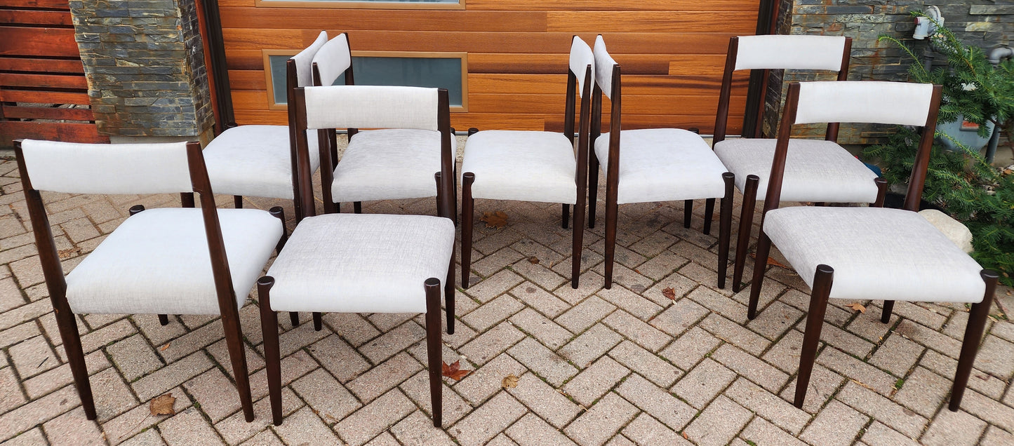8 REUPHOLSTERED Mid-Century Modern Teak Dining Chairs (light grey Knoll fabric)
