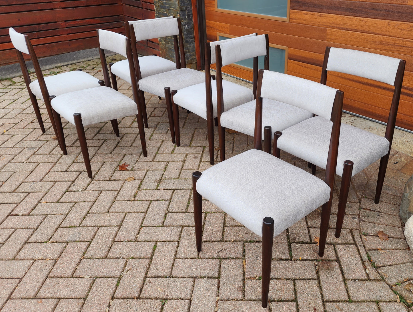 8 REUPHOLSTERED Mid-Century Modern Teak Dining Chairs (light grey Knoll fabric)