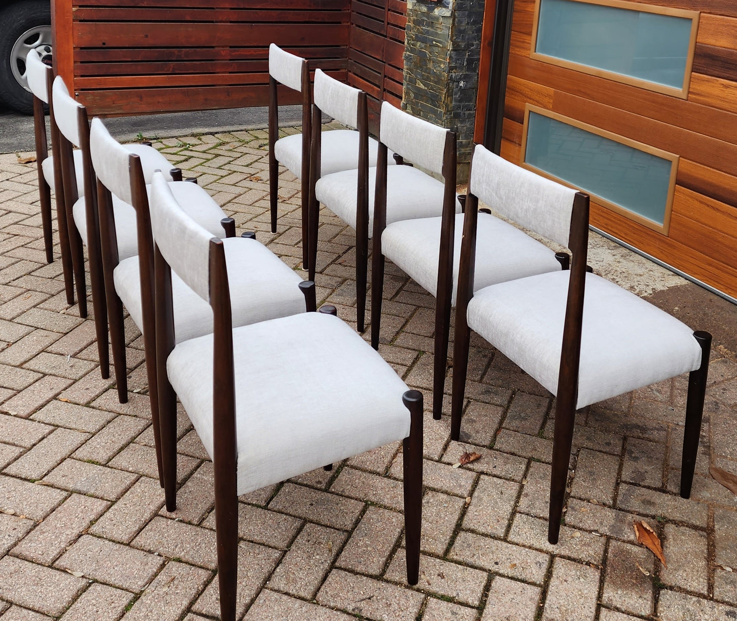 8 REUPHOLSTERED Mid-Century Modern Teak Dining Chairs (light grey Knoll fabric)