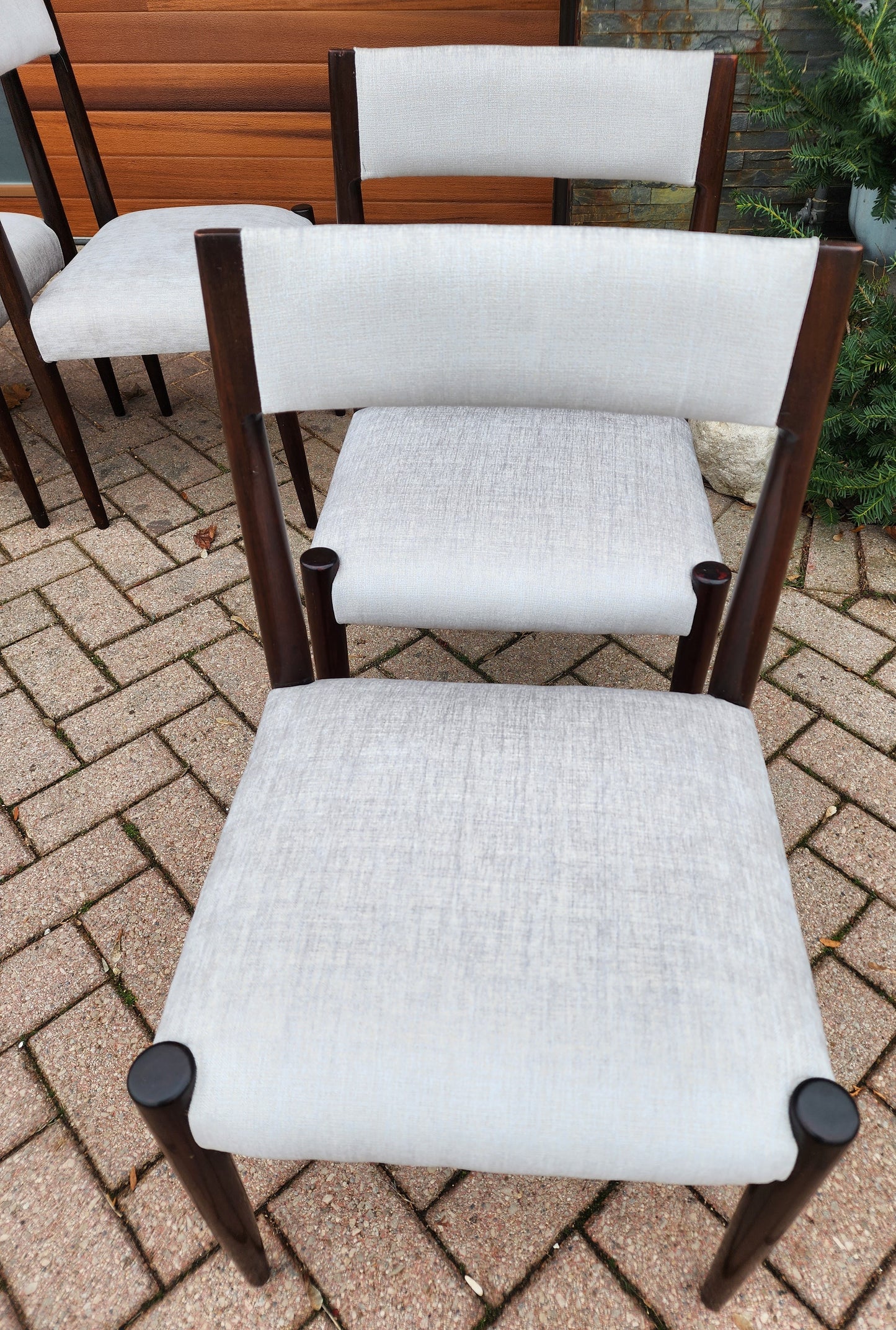 8 REUPHOLSTERED Mid-Century Modern Teak Dining Chairs (light grey Knoll fabric)