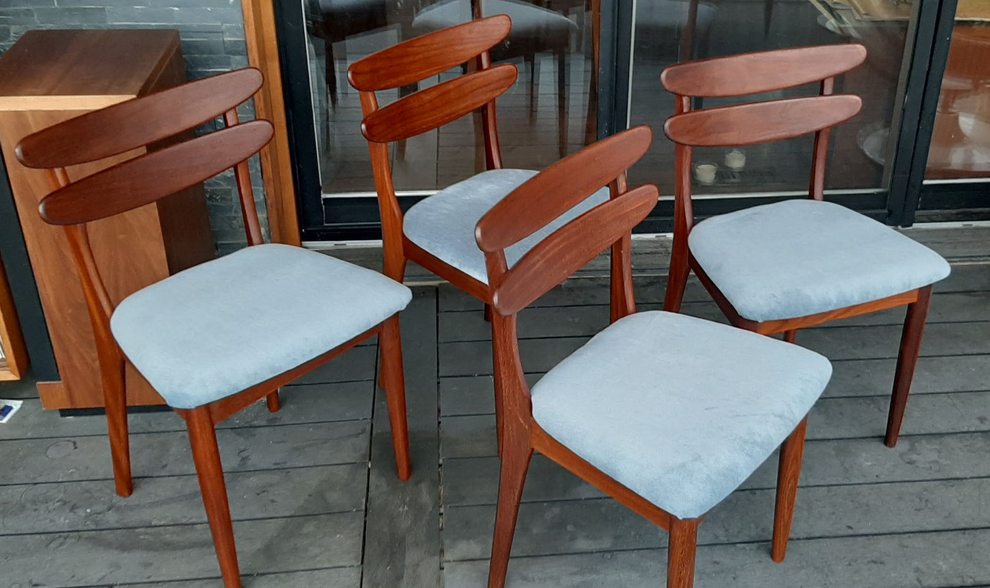 4 REFINISHED Danish MCM teak chairs, REUPHOLSTERED in wool mohair, PERFECT