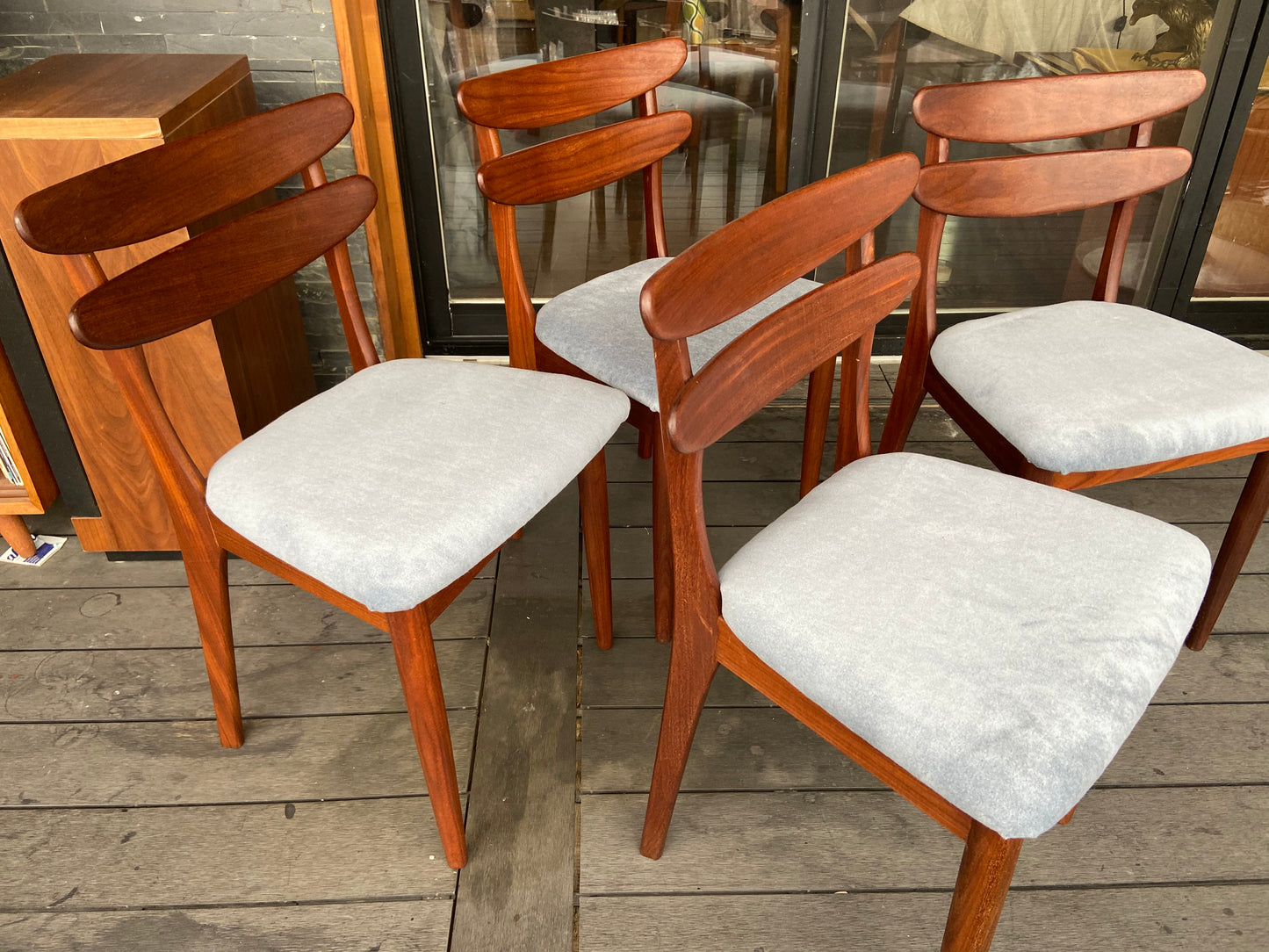 4 REFINISHED Danish MCM teak chairs, REUPHOLSTERED in wool mohair, PERFECT