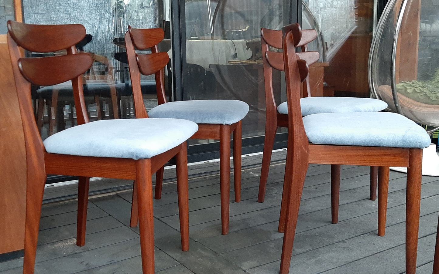 4 REFINISHED Danish MCM teak chairs, REUPHOLSTERED in wool mohair, PERFECT