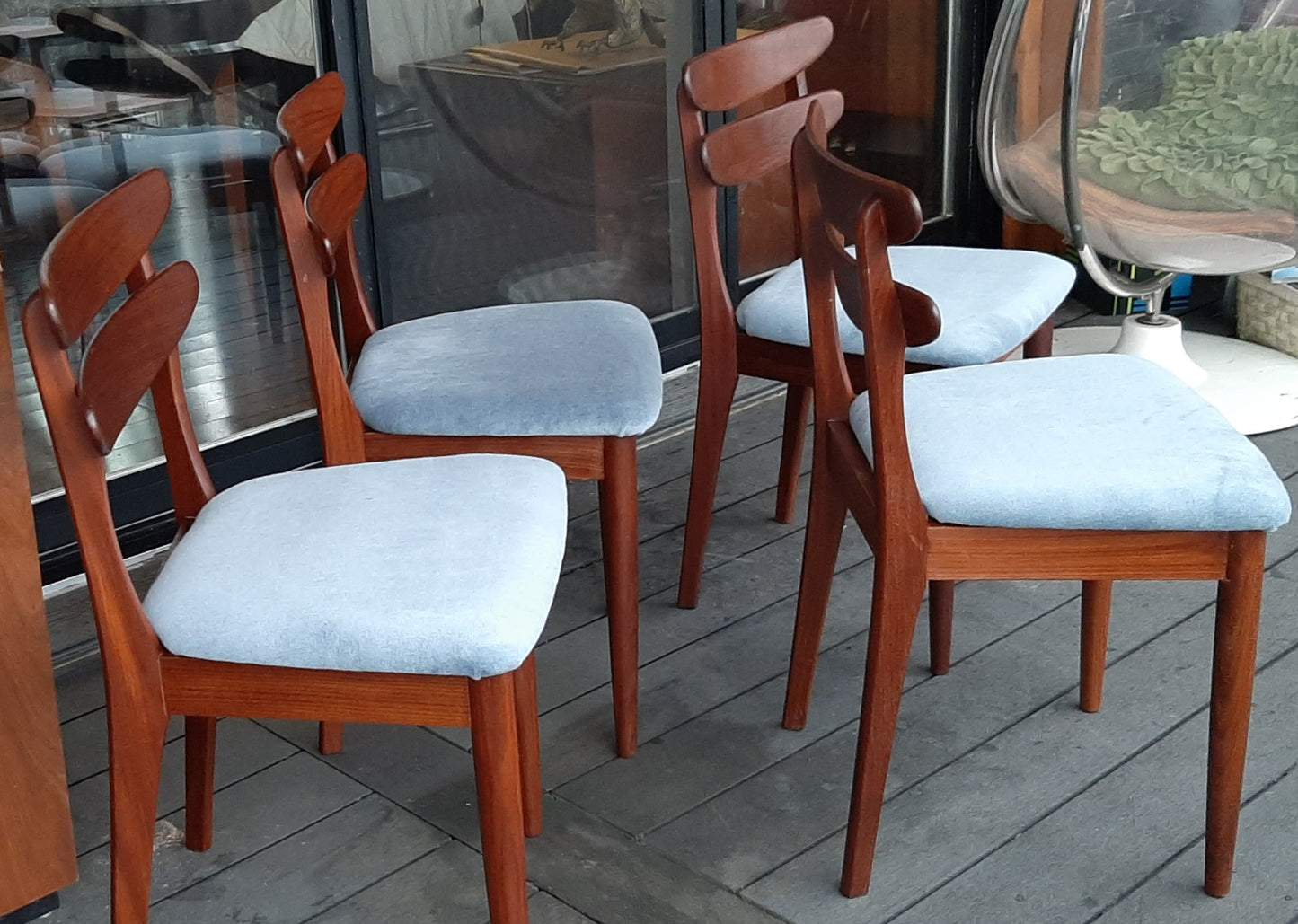 4 REFINISHED Danish MCM teak chairs, REUPHOLSTERED in wool mohair, PERFECT