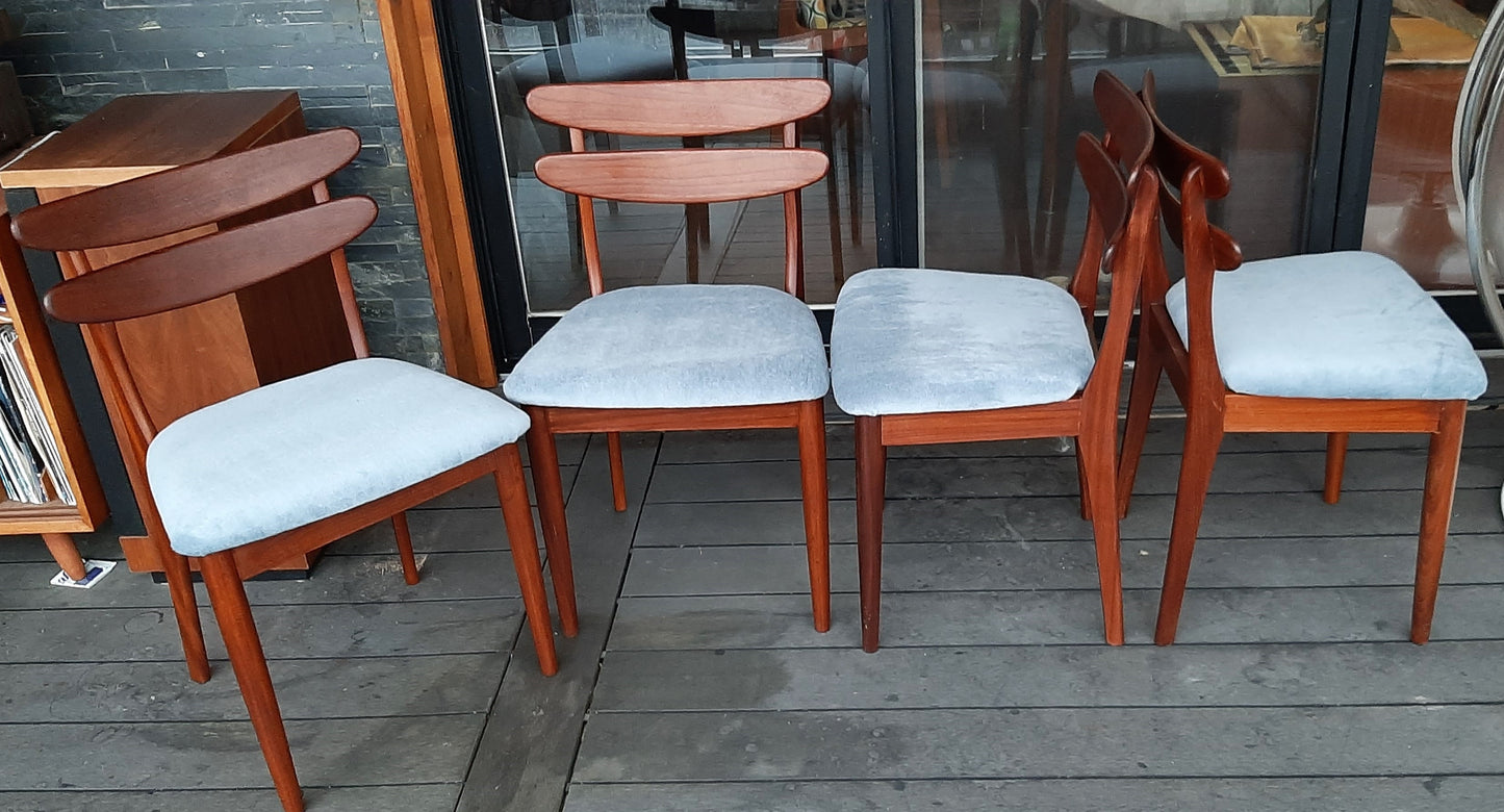 4 REFINISHED Danish MCM teak chairs, REUPHOLSTERED in wool mohair, PERFECT