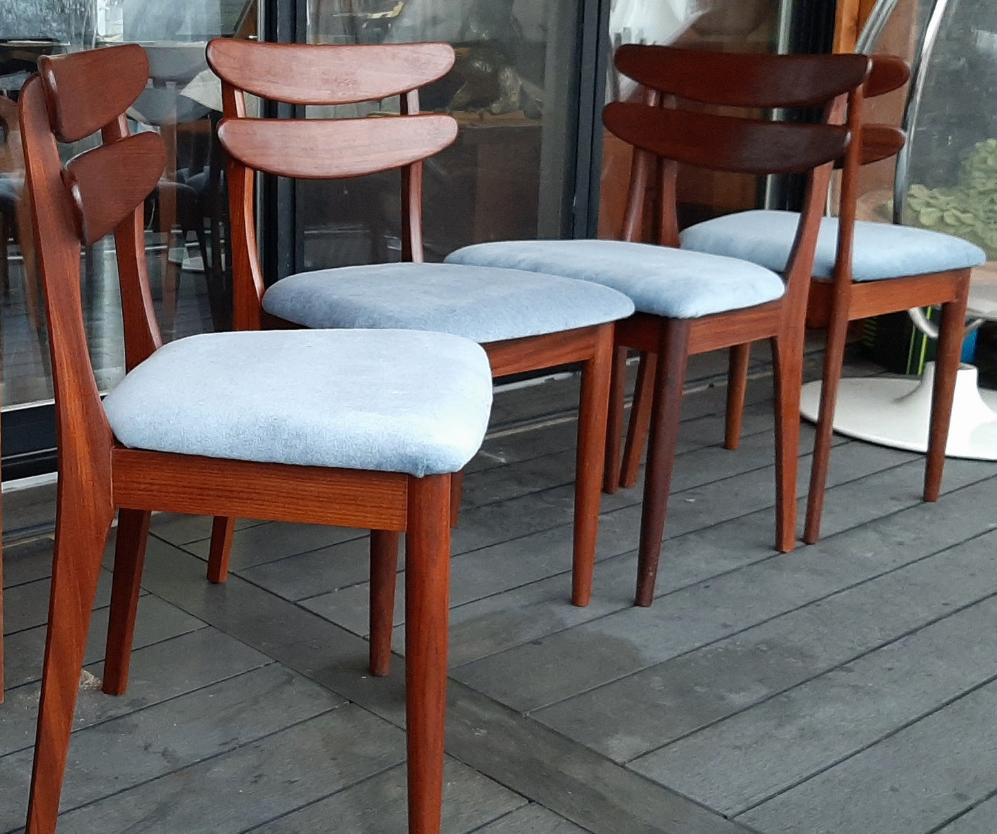 4 REFINISHED Danish MCM teak chairs, REUPHOLSTERED in wool mohair, PERFECT