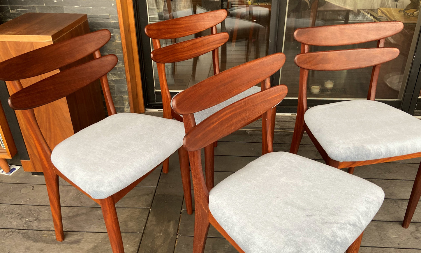 4 REFINISHED Danish MCM teak chairs, REUPHOLSTERED in wool mohair, PERFECT