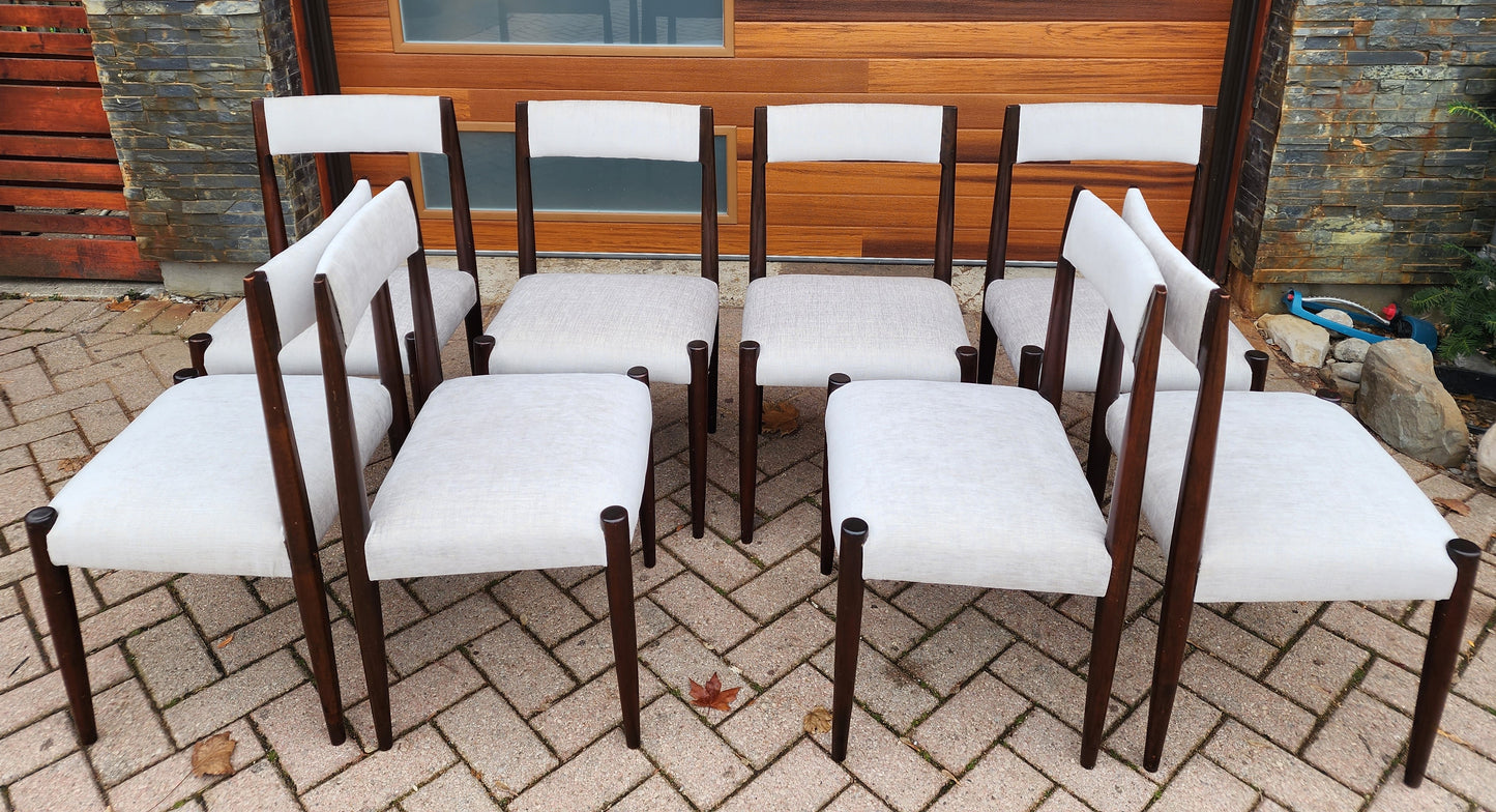 8 REUPHOLSTERED Mid-Century Modern Teak Dining Chairs (light grey Knoll fabric)