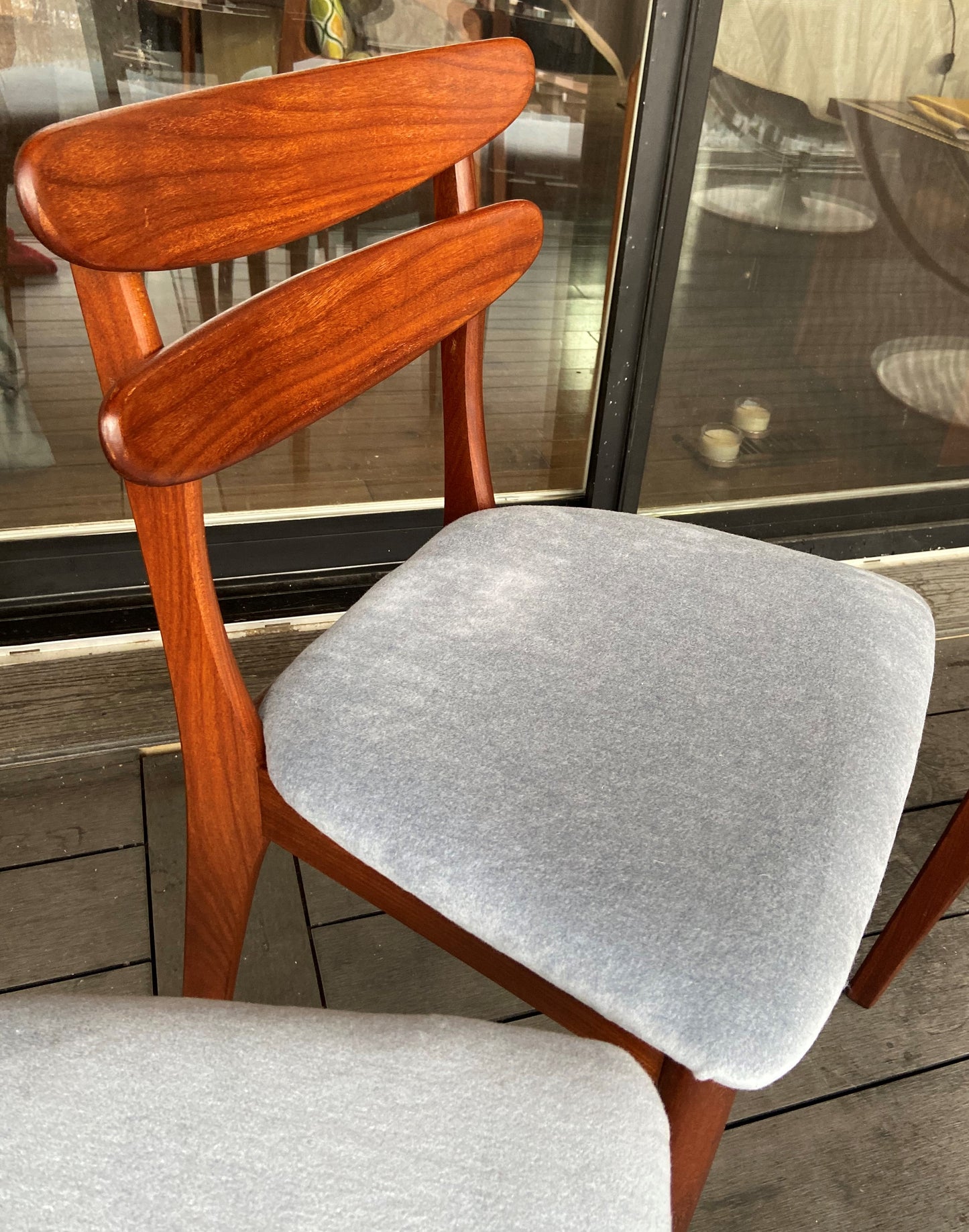 4 REFINISHED Danish MCM teak chairs, REUPHOLSTERED in wool mohair, PERFECT