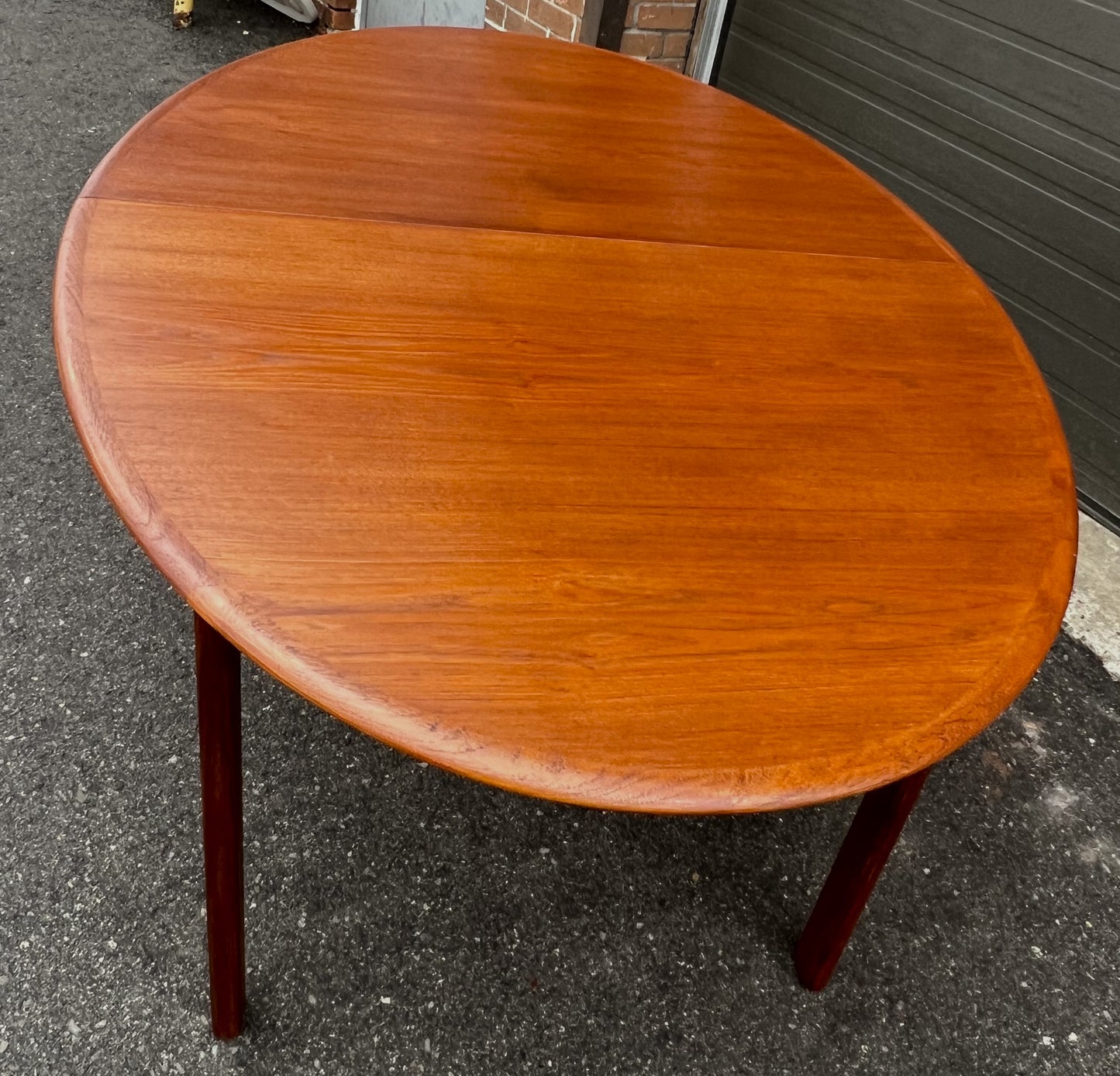 REFINISHED Mid Century Modern Teak Table Oval w 1 Leaf Self-Storing 65"- 87"