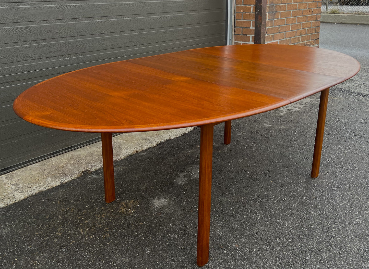 REFINISHED Mid Century Modern Teak Table Oval w 1 Leaf Self-Storing 65"- 87"