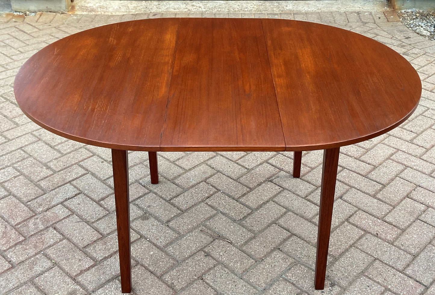 REFINISHED MCM Teak Table Round to Oval w 1 Leaf 42-56"