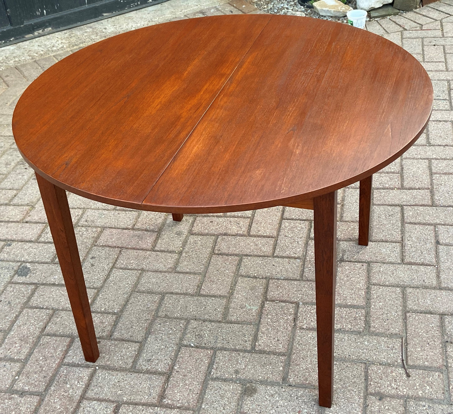 REFINISHED MCM Teak Table Round to Oval w 1 Leaf 42-56"