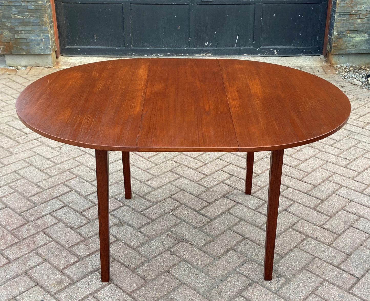 REFINISHED MCM Teak Table Round to Oval w 1 Leaf 42-56"