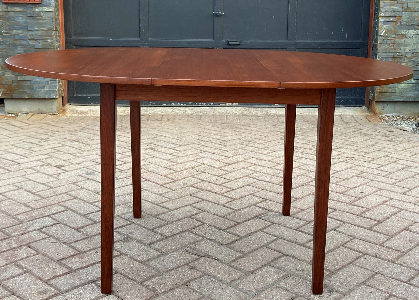 REFINISHED MCM Teak Table Round to Oval w 1 Leaf 42-56"