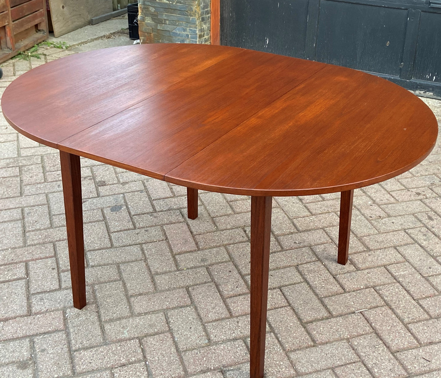 REFINISHED MCM Teak Table Round to Oval w 1 Leaf 42-56"