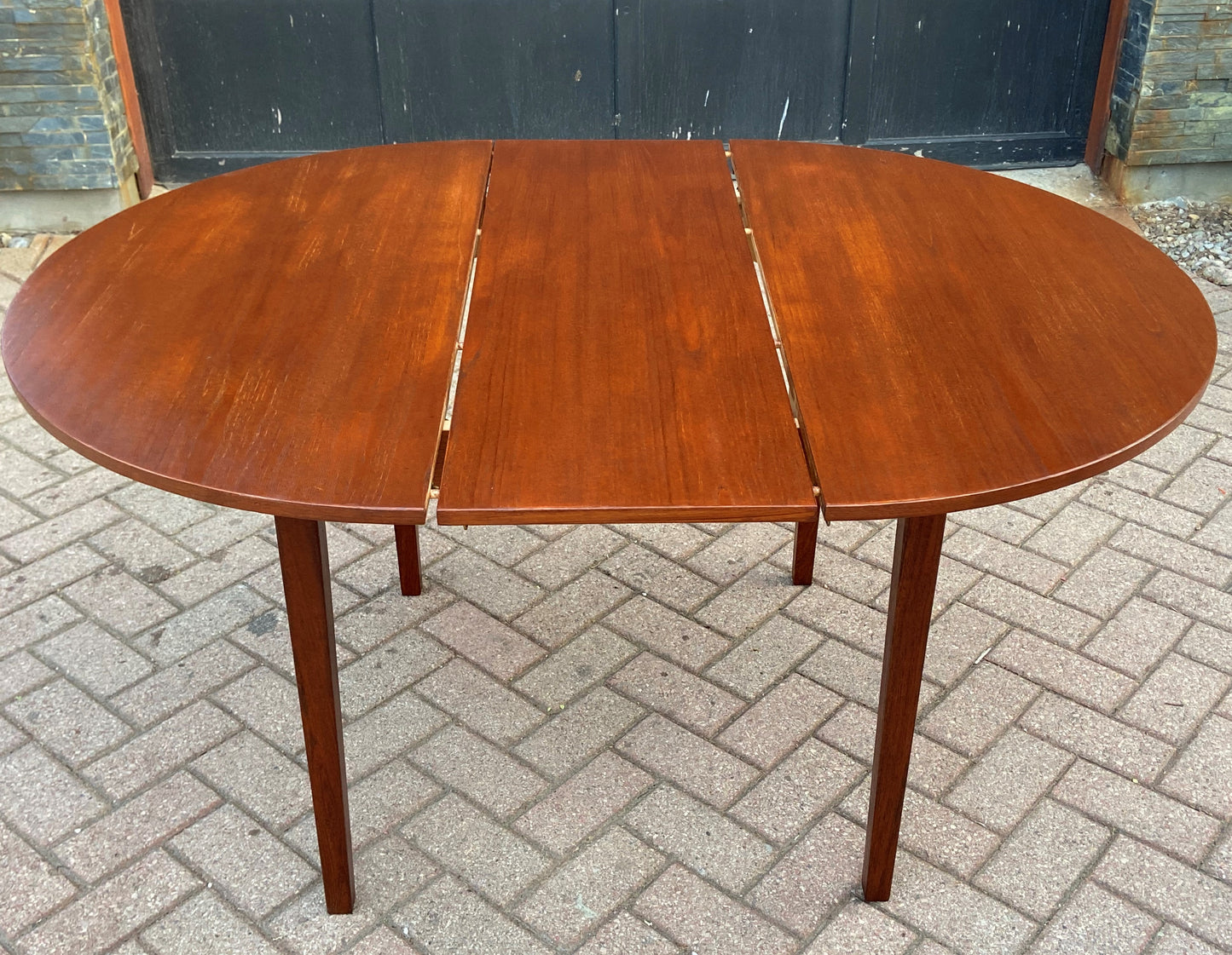 REFINISHED MCM Teak Table Round to Oval w 1 Leaf 42-56"