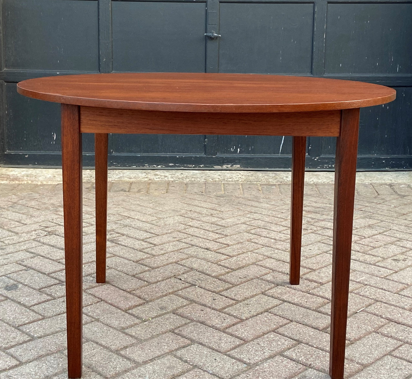 REFINISHED MCM Teak Table Round to Oval w 1 Leaf 42-56"