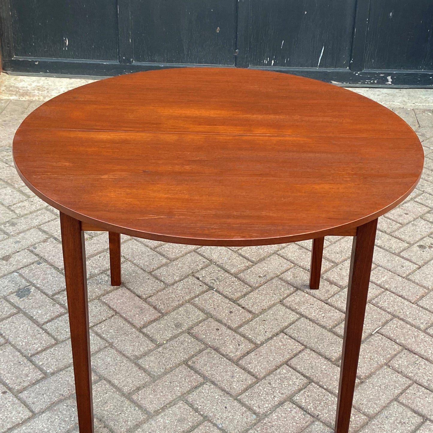 REFINISHED MCM Teak Table Round to Oval w 1 Leaf 42-56"