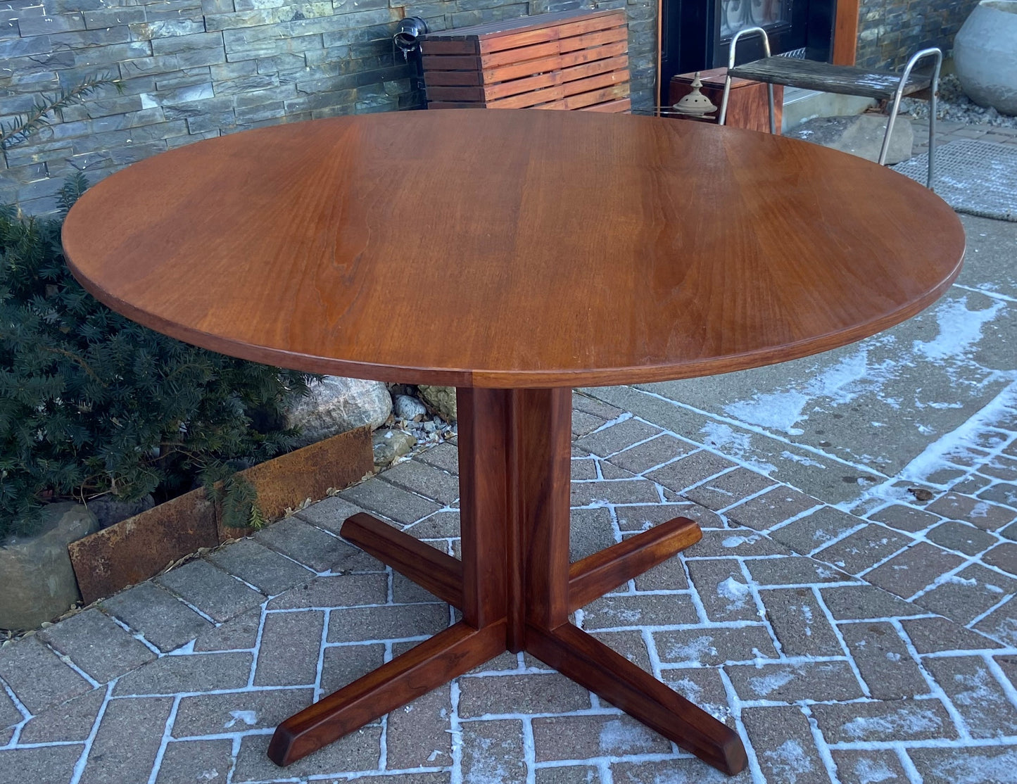 REFINISHED Danish MCM Teak Table Round w Pedestal Legs 4ft