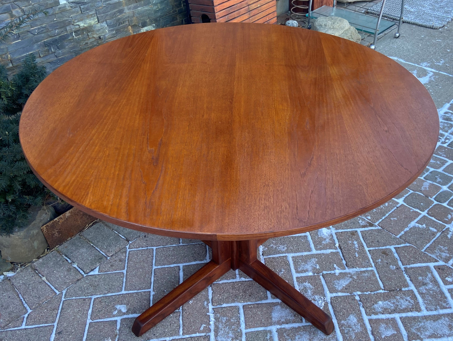 REFINISHED Danish MCM Teak Table Round w Pedestal Legs 4ft