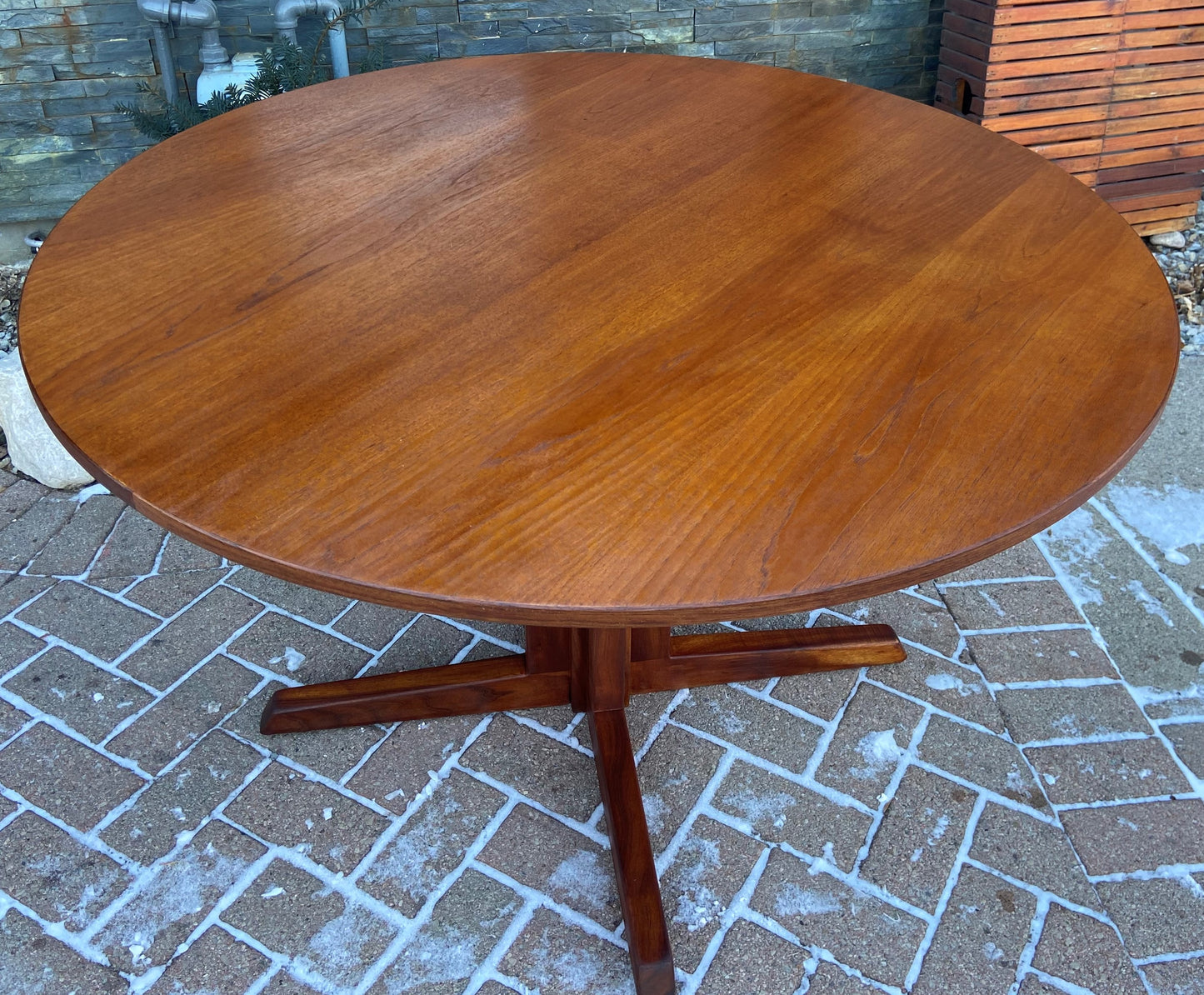 REFINISHED Danish MCM Teak Table Round w Pedestal Legs 4ft