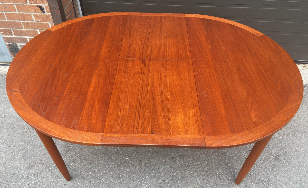 REFINISHED Swedish Mid Century Modern Teak Table Round to Oval 43
