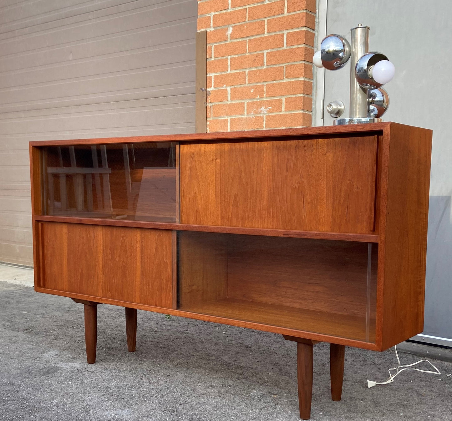 REFINISHED Mid Century Modern Teak Bookcase 60" w interchangable doors, Perfect