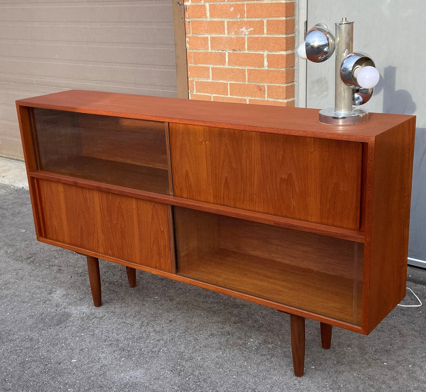 REFINISHED Mid Century Modern Teak Bookcase 60" w interchangable doors, Perfect