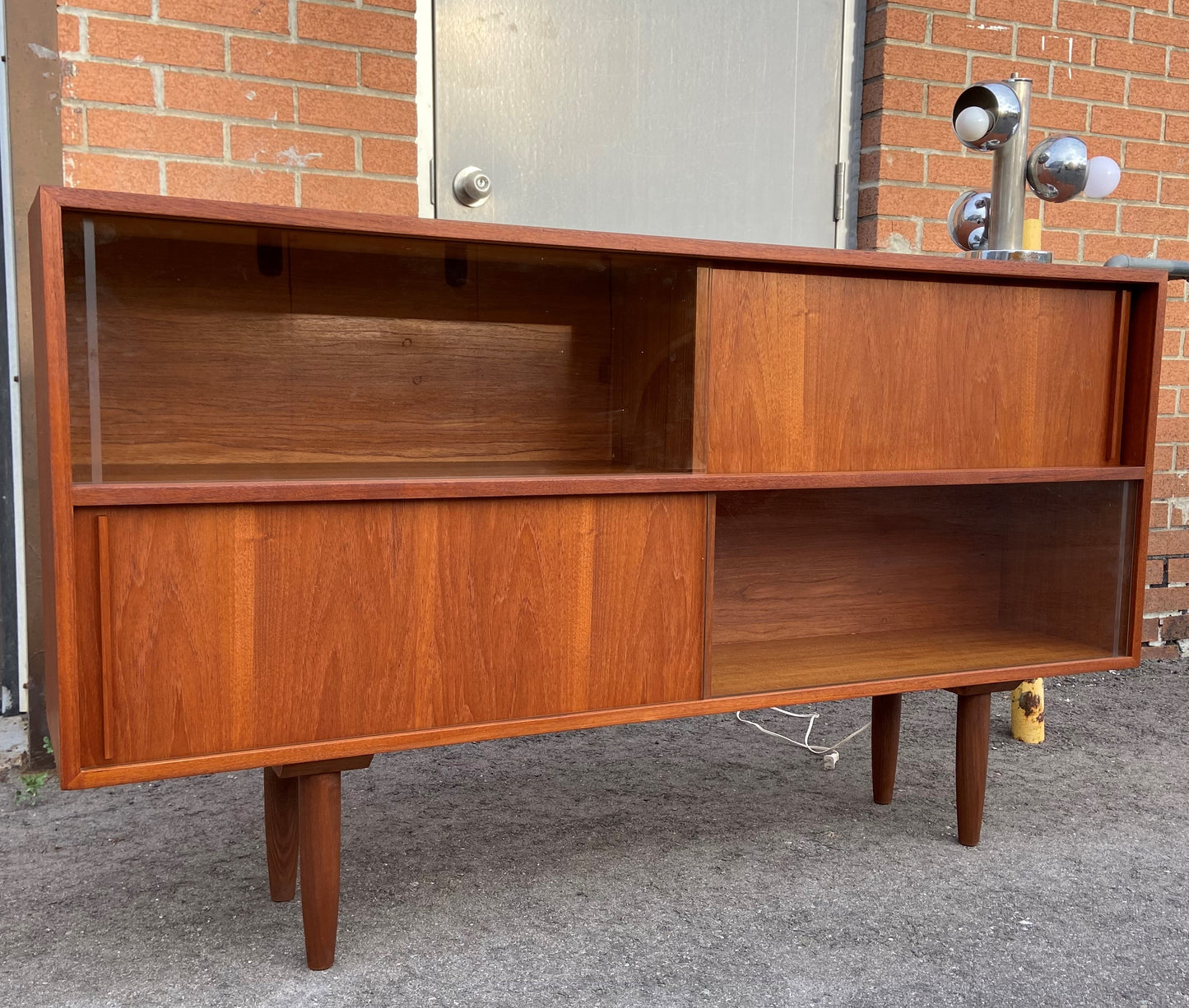 REFINISHED Mid Century Modern Teak Bookcase 60" w interchangable doors, Perfect