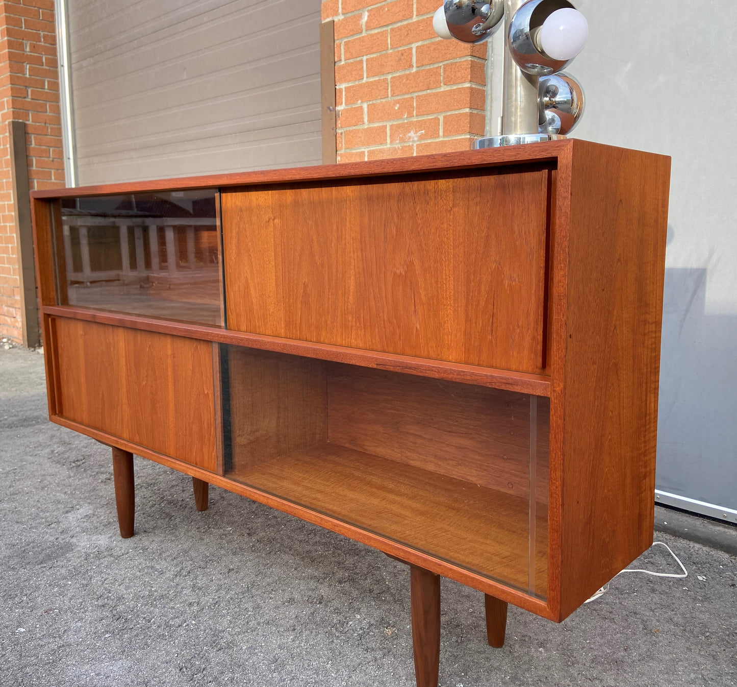 REFINISHED Mid Century Modern Teak Bookcase 60" w interchangable doors, Perfect